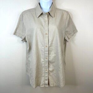 Vintage Womens Linen Blend Button Up Top Size 14 Beige Neutral Capsule Preppy